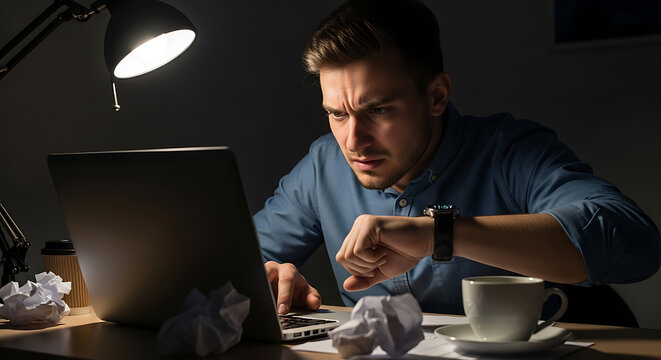 Focused professional working late on laptop under desk lamp, managing deadlines, analyzing data, solving problems, experiencing workplace stress, productivity, dedication, concentration.