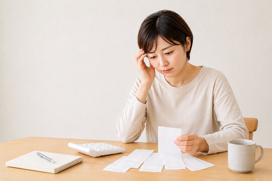 物価高騰で家計簿とレシートを見て悩む日本人女性