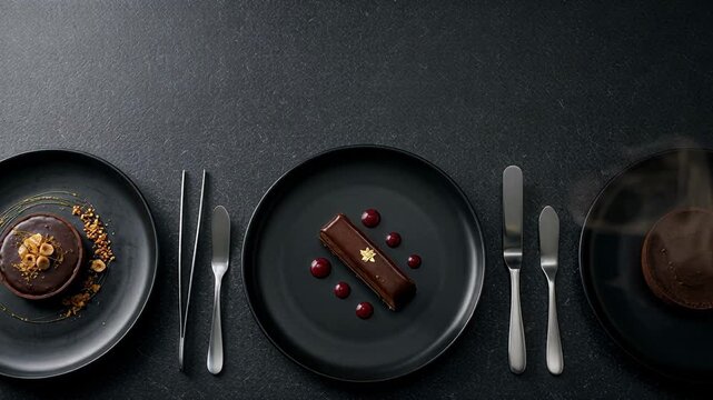 Elegant desserts arranged on black plates with cutlery, featuring rich chocolate and vibrant sauce details