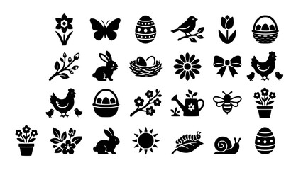 Easter and spring silhouette icon vector set with bunny eggs chicken basket butterfly flowers and gardening elements isolated on white background for holiday design © Hosneara