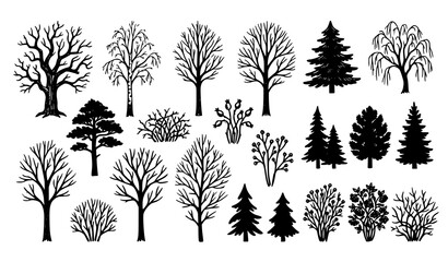 Deciduous and coniferous forest tree silhouette icon vector set with bare winter branches shrubs and evergreens for maps game design and architectural plotting © Hosneara