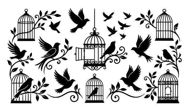 Flying birds and birdcages silhouette decorative vector illustration with freedom concept open cage doves and botanical tree branches for wedding design background