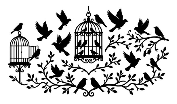 Flying birds and cages silhouette decorative vector layout with freedom concept open cage doves and botanical tree branch elements for wedding design background