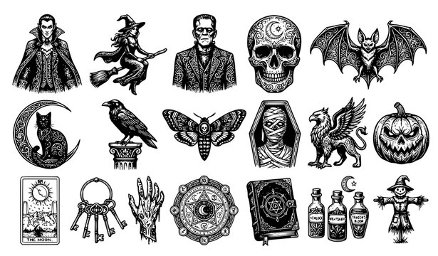 Halloween horror and gothic vintage engraving vector clip art set with vampire witch frankenstein skull bat pumpkin and occult symbols isolated on white background