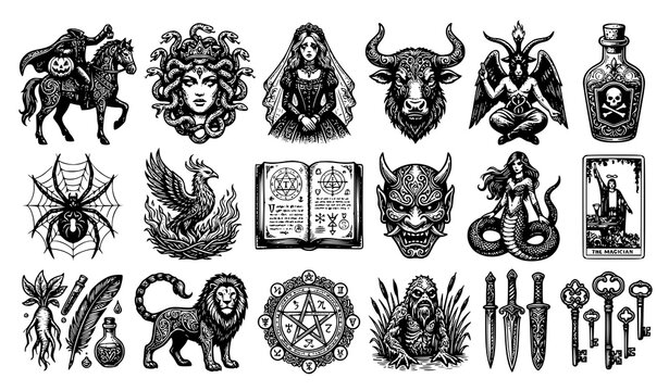 Mythical creatures and occult symbols black ink vector sketch set with medusa minotaur baphomet tarot cards pentagram and dark magic engraving elements