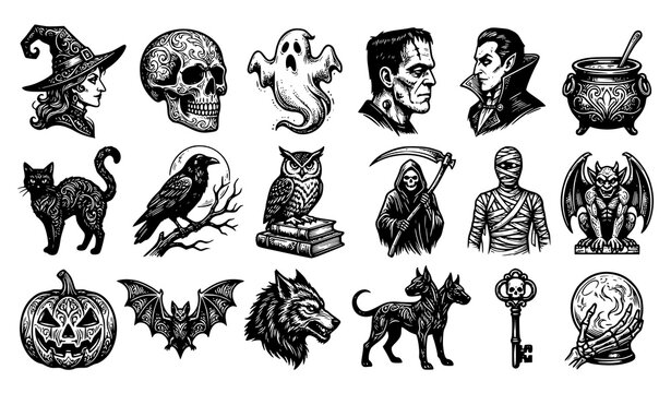 Halloween spooky monster vector element set with skull ghost witch vampire frankenstein pumpkin and gargoyle sketch illustration isolated on white background for holiday design