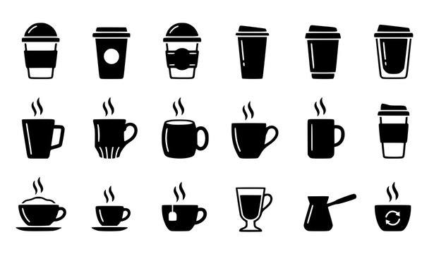 Coffee takeaway cups and ceramic mug silhouette vector icon set with espresso cups cezve and glass isolated on white background for cafe bar menu layout