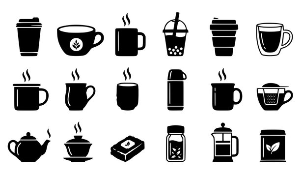Coffee and tea cup silhouette icon vector set with takeaway mugs teapot french press and bubbles drink isolated on white background for cafe menu design