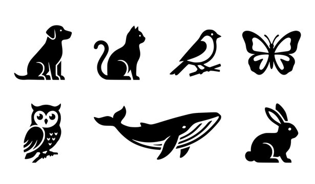 Minimalist animal silhouette icon vector set with dog cat bird butterfly owl whale and rabbit isolated on white background for logo identity design