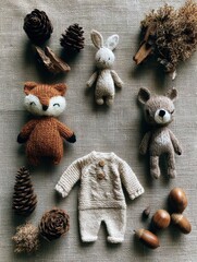 Obraz premium Woodland forest theme baby shower scene features plush toys, a small knit onesie, and natural items arranged on a linen surface.