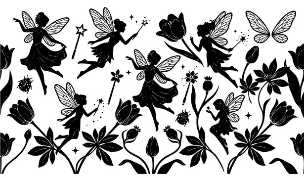 Magic fairy silhouette seamless border pattern with flying mythical pixies holding wands among botanical garden flowers and tulips for fantasy design background