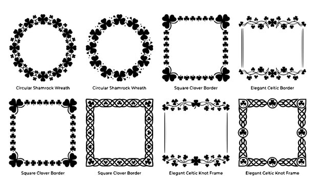 Modern Saint Patrick&rsquo;s Day frame collection with shamrock clover leaf vector borders