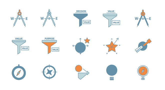 Business Strategy Icons: Compass, Funnel, Star, Target, Lightbulb, Gears
