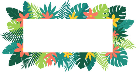 Vibrant tropical floral frame featuring lush monstera leaves and colorful exotic flowers arranged in a beautiful flat vector illustration style © Ibnu Gazali