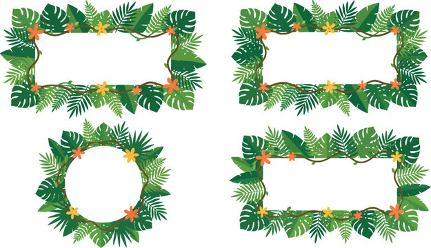 Decorative tropical jungle foliage frames featuring exotic Monstera leaves and vibrant flowers arranged in circular and rectangular geometric border shapes