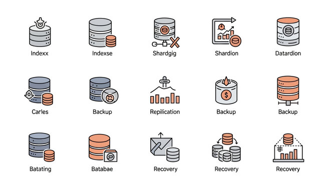 Database Icons Set: Index, Replication, Backup, Storage, Cloud, Recovery