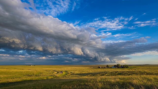 Vast open landscape with rolling green hills under dramatic cloud formations and a serene blue sky