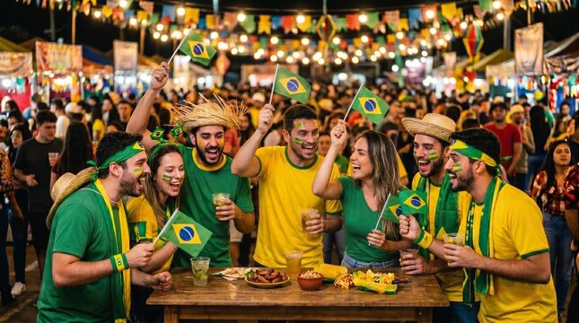 Grupo de amigos assistindo futebol em arraial brasileiro decorado