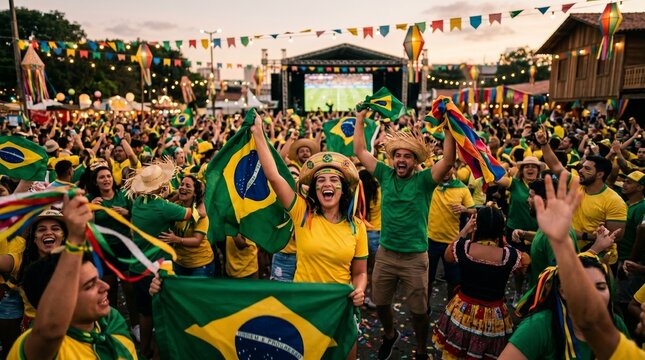 Torcida brasileira comemorando gol em festa junina tem&aacute;tica de futebol