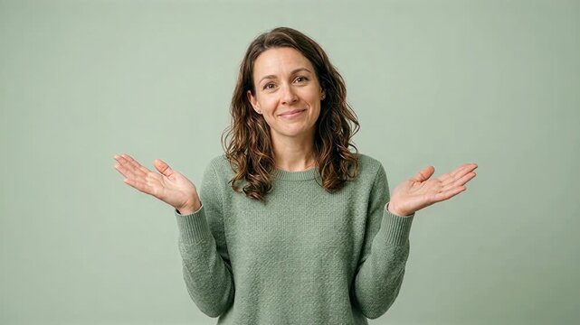 A young woman with curly hair wearing a cozy sweater, smiling and shrugging her shoulders with an expressive gesture against a soft green background