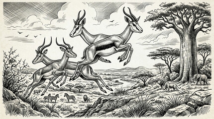 Three antelopes running across the savanna landscape. © Yundha