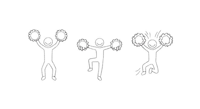 Three cartoon cheerleaders with pom poms in action poses.