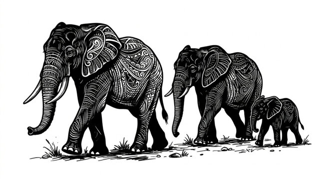 Three Elephants Walking Together Family Herd.