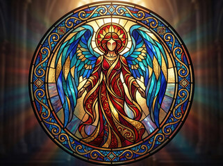 Fototapeta premium A stained glass window displays a winged figure surrounded by vibrant colors. Sunlight shines through the glass, casting colorful patterns inside the church