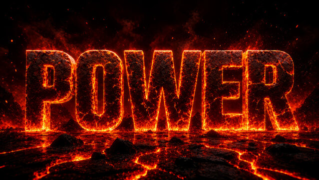 Power rendered in glowing volcanic magma letters dominates this dark conceptual scene, symbolizing an intense eruption of raw energy and internal force within a scorched and cracked ground.