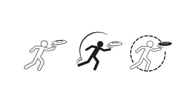 Three stylized illustrations of frisbee throwing actions.