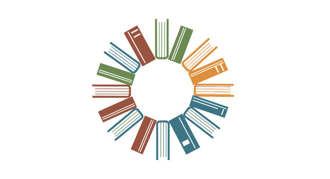Colorful books arranged in a circular formation on a white background.