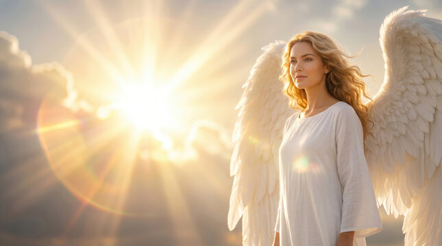 A woman with large white wings stands against a backdrop of bright sunlight shining through fluffy clouds. The setting appears to be during sunset, creating a warm glow