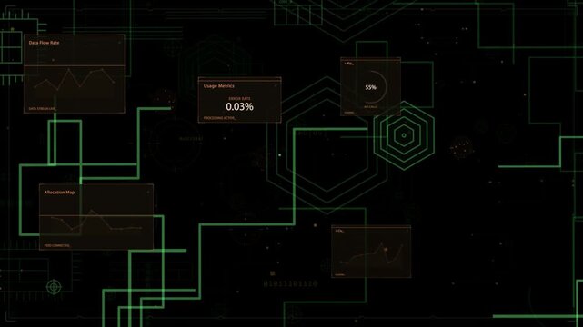 Dashboard initializing as neon lines drawing from left, panels fading in, showing live metrics