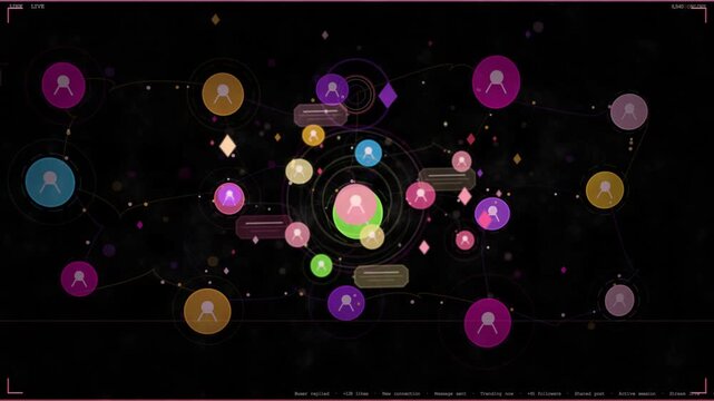 Central green node pulsing, starting rings, drawing links, popping chat bubbles, showing activity