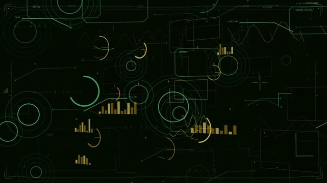 Faint green rings appearing, starting HUD animation, pulsing arcs rotating, gold bars showing data