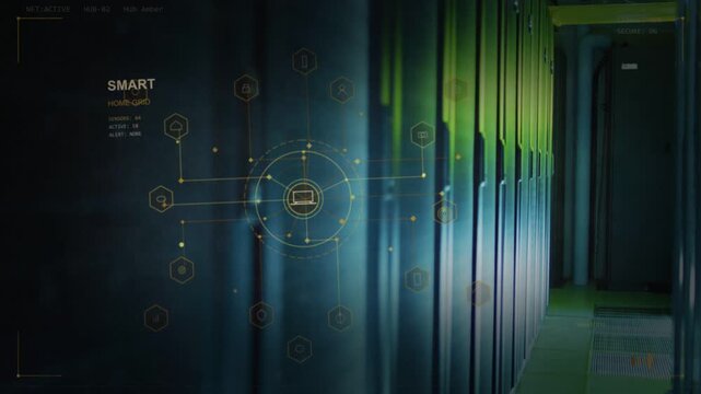 System scan starting, HUD expanding rings and hex nodes pulsing lighting racks showing HOME GRID