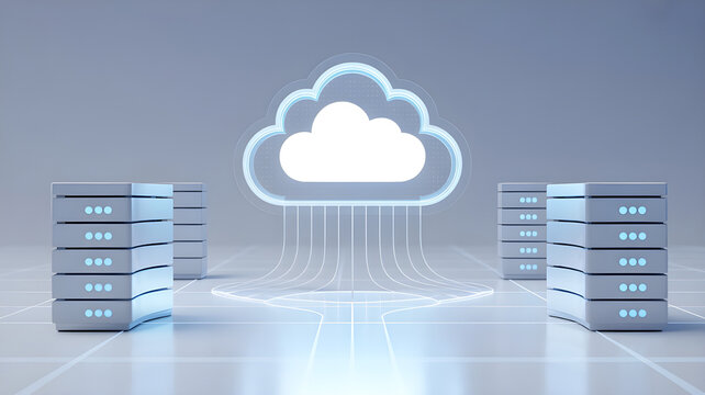 A professional cloud computing concept illustration with a bright cloud symbol floating in a digital space, surrounded by holographic server icons, synchronized data flow lines, soft lighting effects