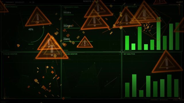 Bandwidth spikes causing orange warning triangles growing across HUD, signaling rising net alerts