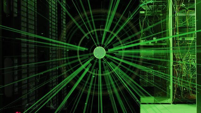 Central disc appearing, green HUD graphic animating rack aisle, highlighting network gear