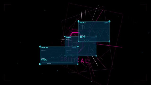 Magenta hexagon glowing, HUD panels stacking, displaying critical metrics over rotating polygon