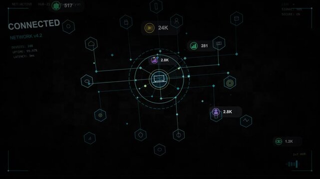 Faint HUD appearing, laptop pulsing, linking hex nodes while badges changing, showing network stats