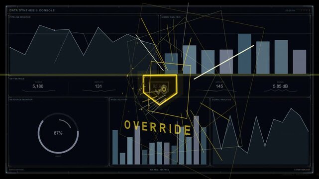 Central yellow emblem flickering, emitting streaks and expanding into shield, activating OVERRIDE
