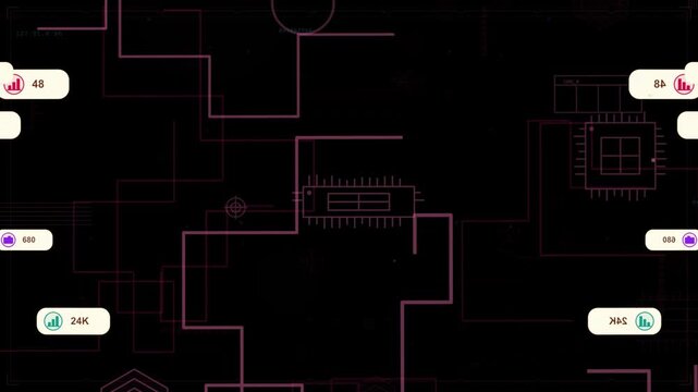 Faint chip fading neon schematic revealing central hub while badges sliding stacking labeling nodes