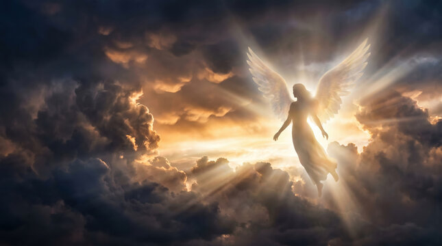 Bright rays shine through dark clouds as an angel with wings appears in the sky. The scene shows a moment of light and shadow blending together at sunset