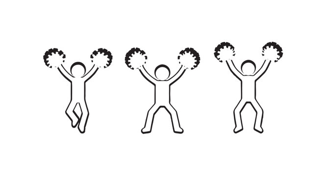 Three cheerleaders celebrating with raised pompoms illustration.