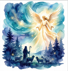 Fototapeta premium A shepherd stands in a forest at night, looking up at an angel glowing with light. Sheep are gathered nearby under a sky filled with stars and soft colors. Trees surround the scene