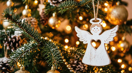 Fototapeta premium An angel ornament with a heart cutout hangs from a Christmas tree. The tree is bright with lights and has pinecones mixed among the ornaments. It captures the spirit of the holiday season