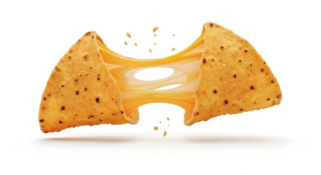 Broken Taco Shell with Melting Cheese and Chips in Midair on White Background