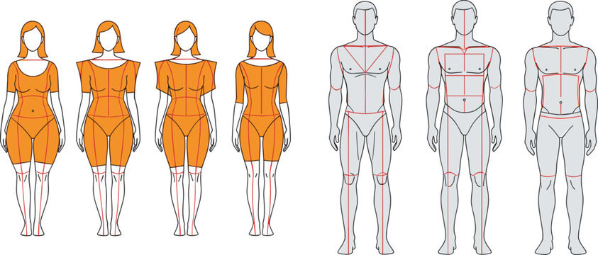 Female and Male Body Measurement Guide Vector Illustration for Fashion Design Tailoring Clothing Size Chart Template