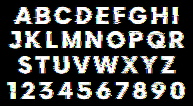 Distorted white alphabet font and numbers with colorful glitch edge. Glitchy white typeface including uppercase letters and numbers set against black background. Vector illustration.